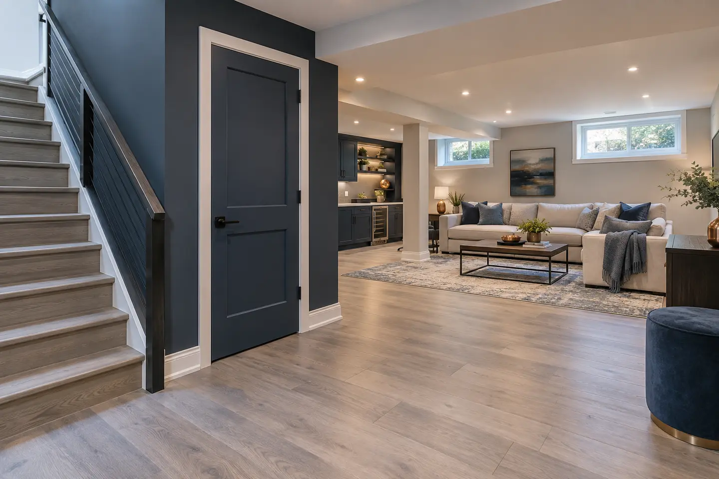An accessible bright finished basement with wide clear path, high contrast finishes and lever handle