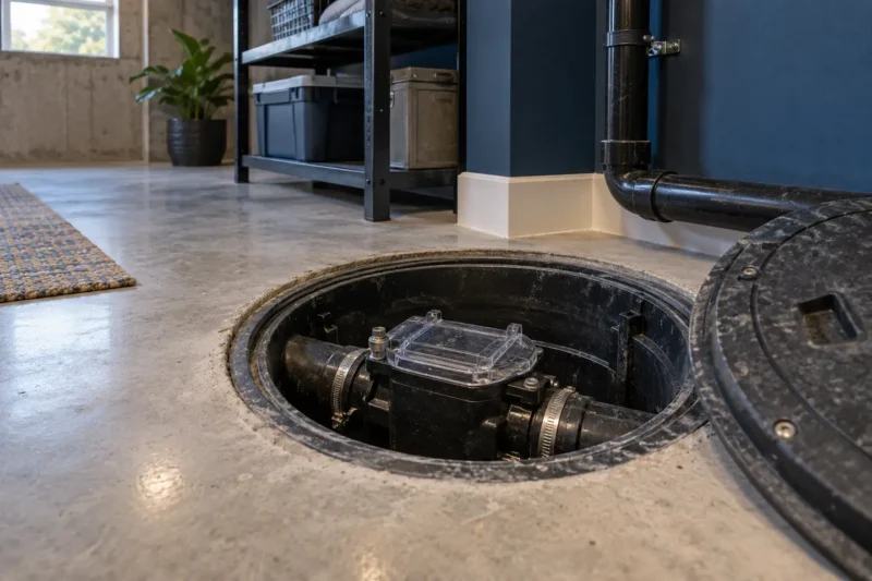 Accessible interior backwater valve hatch in a clean basement floor, photographed from a closer alternate angle with different composition and visible material detail