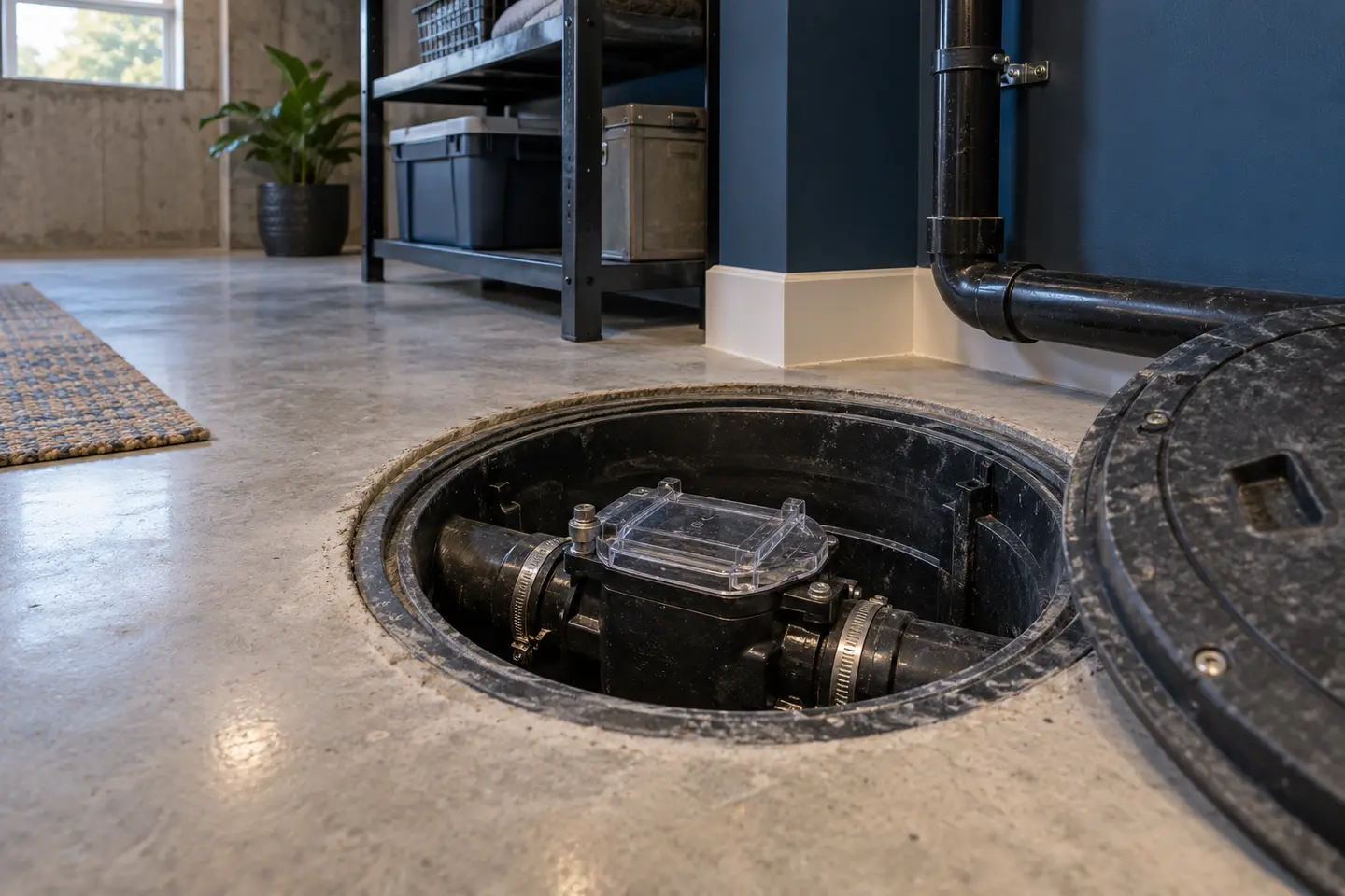 Accessible interior backwater valve hatch in a clean basement floor, photographed from a closer alternate angle with different composition and visible material detail
