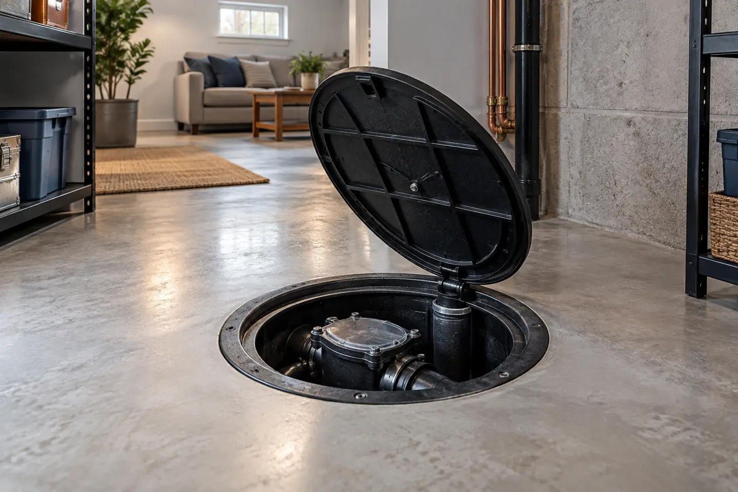 Accessible interior backwater valve hatch in a clean basement floor