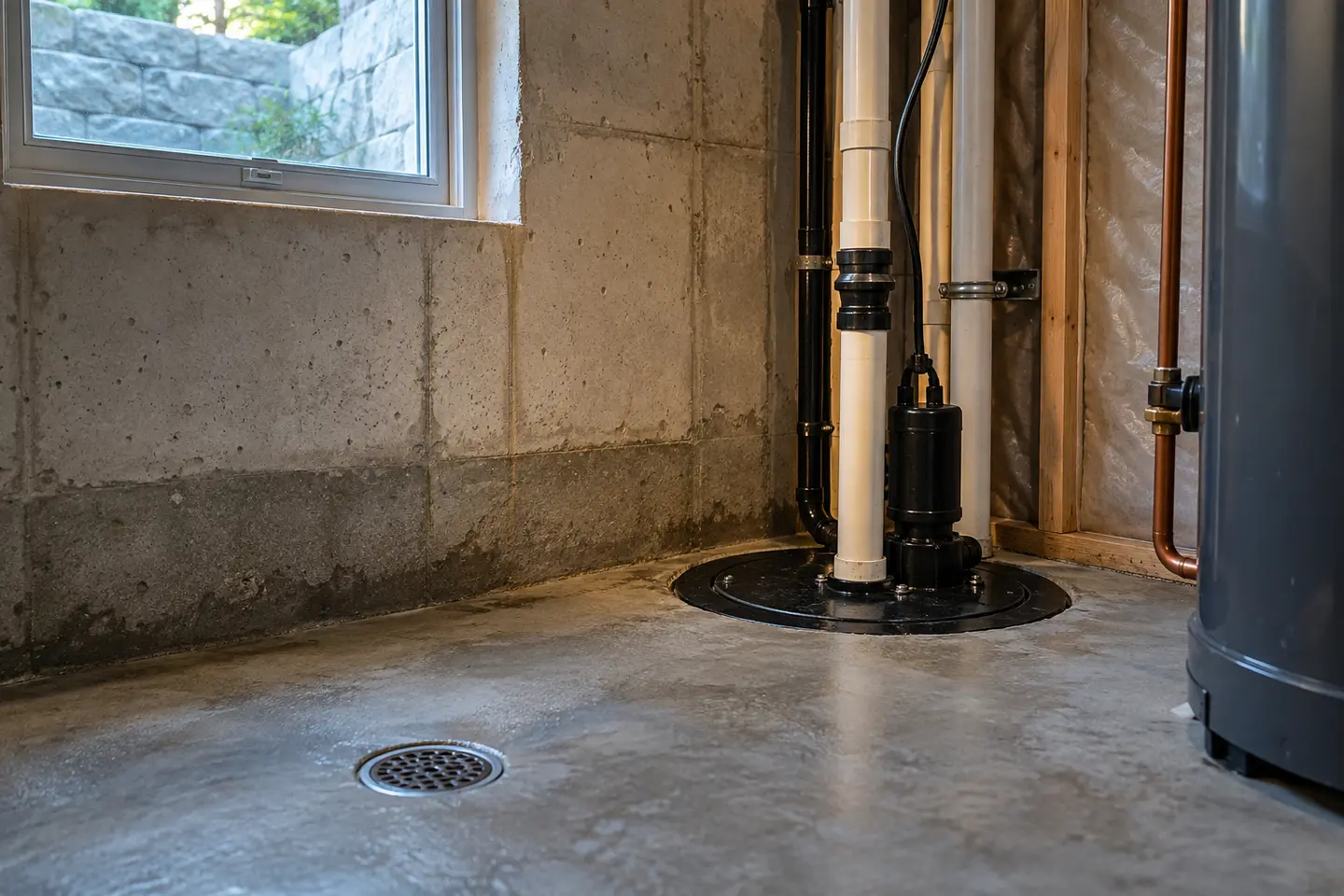 Complete basement flood-prevention assessment scene showing foundation wall, sump, window and floor drain, photographed from a closer alternate angle with different composition and visible material detail