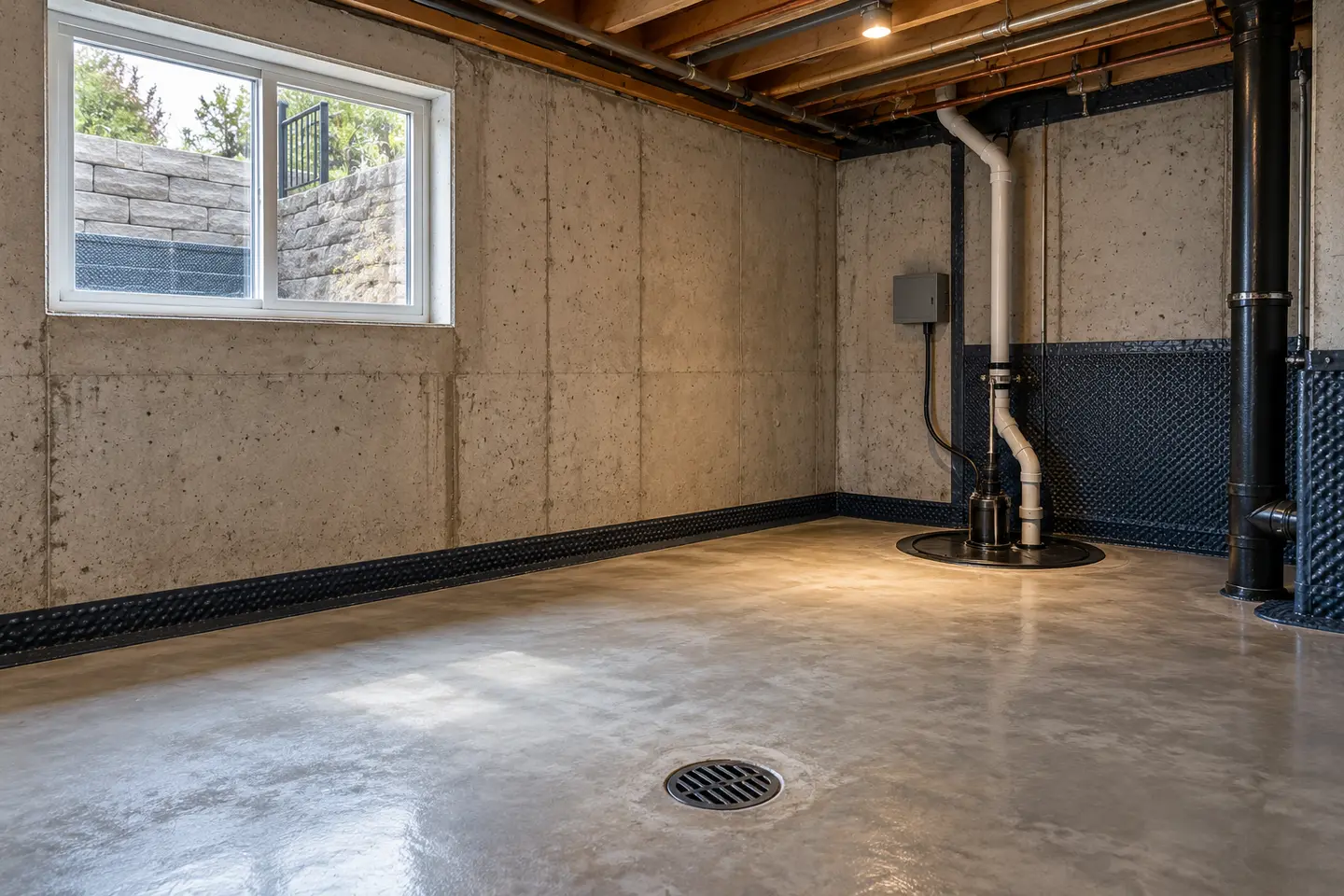 Complete basement flood-prevention assessment scene showing foundation wall, sump, window and floor drain
