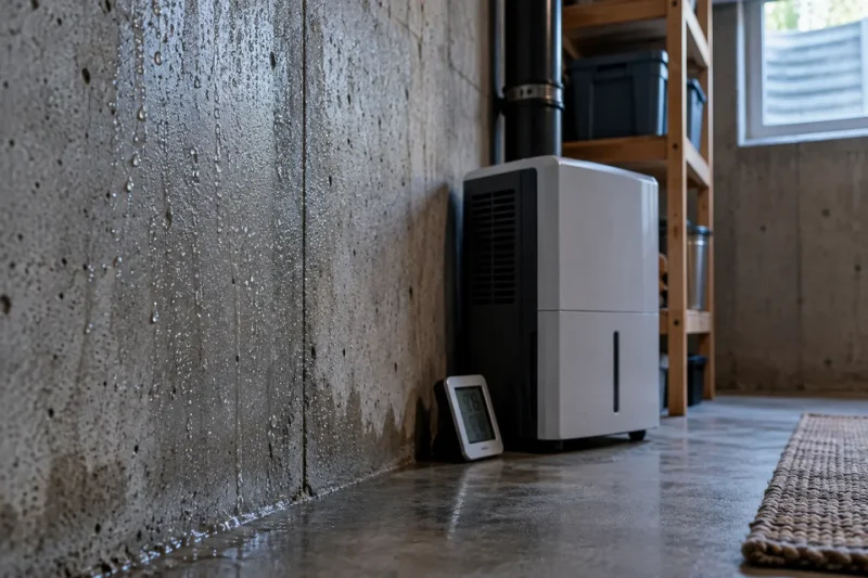 Basement condensation on a cool concrete wall beside a dehumidifier and hygrometer without readable display, photographed from a closer alternate angle with different composition and visible material detail