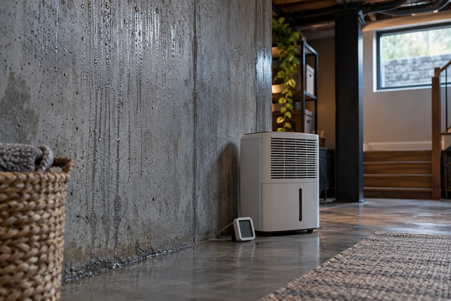 Basement condensation on a cool concrete wall beside a dehumidifier and hygrometer without readable display