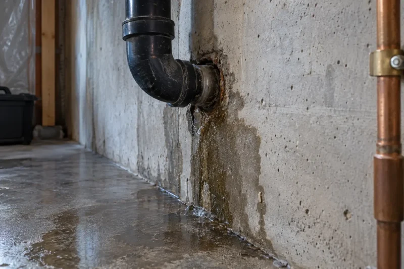 Localized basement wall leak around a utility penetration in poured concrete, photographed from a closer alternate angle with different composition and visible material detail