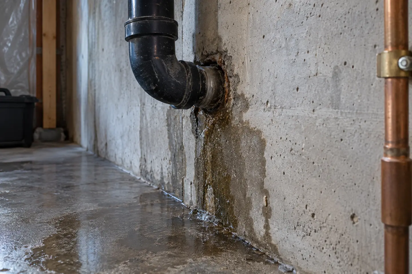 Localized basement wall leak around a utility penetration in poured concrete, photographed from a closer alternate angle with different composition and visible material detail