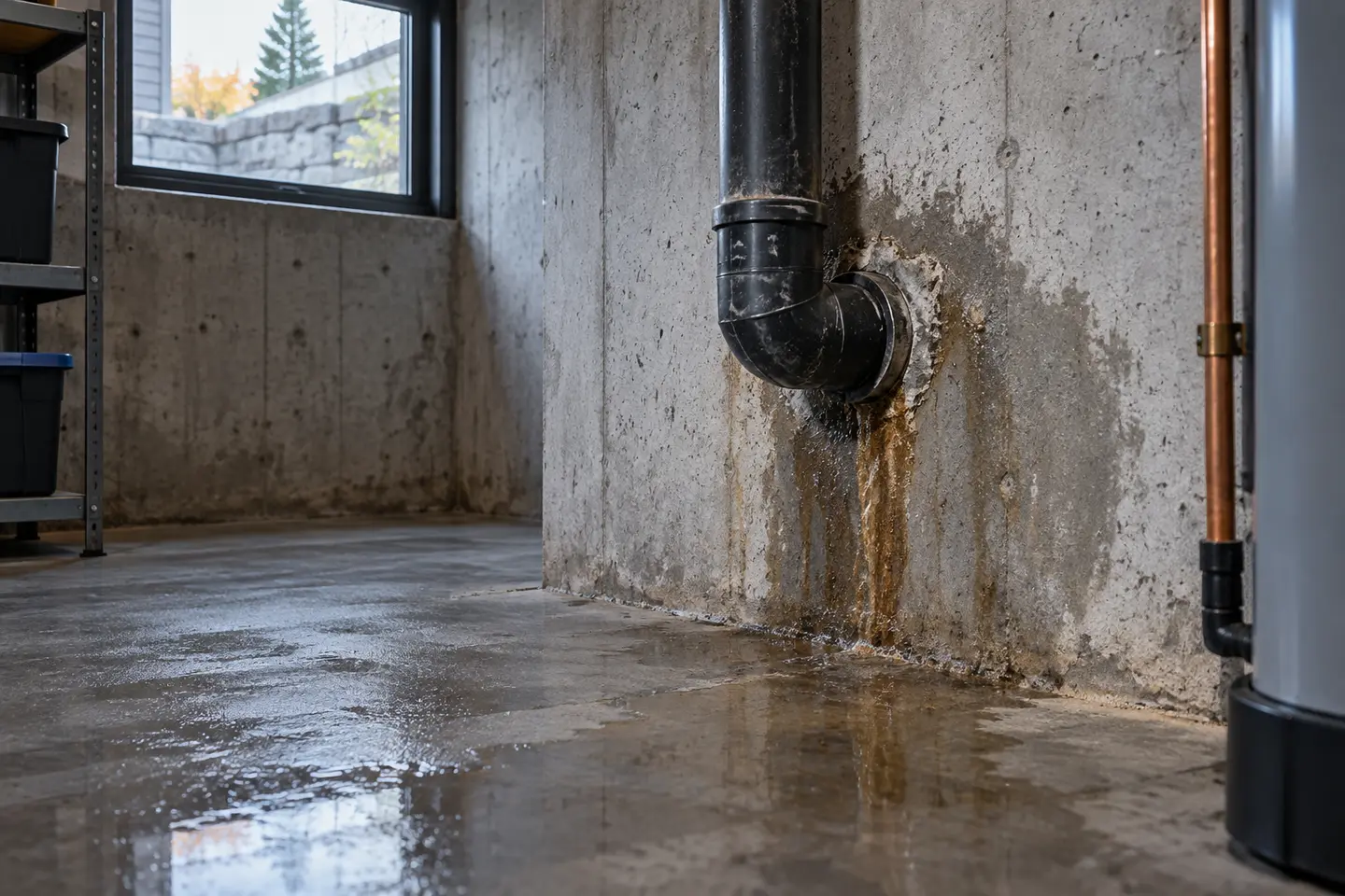Localized basement wall leak around a utility penetration in poured concrete