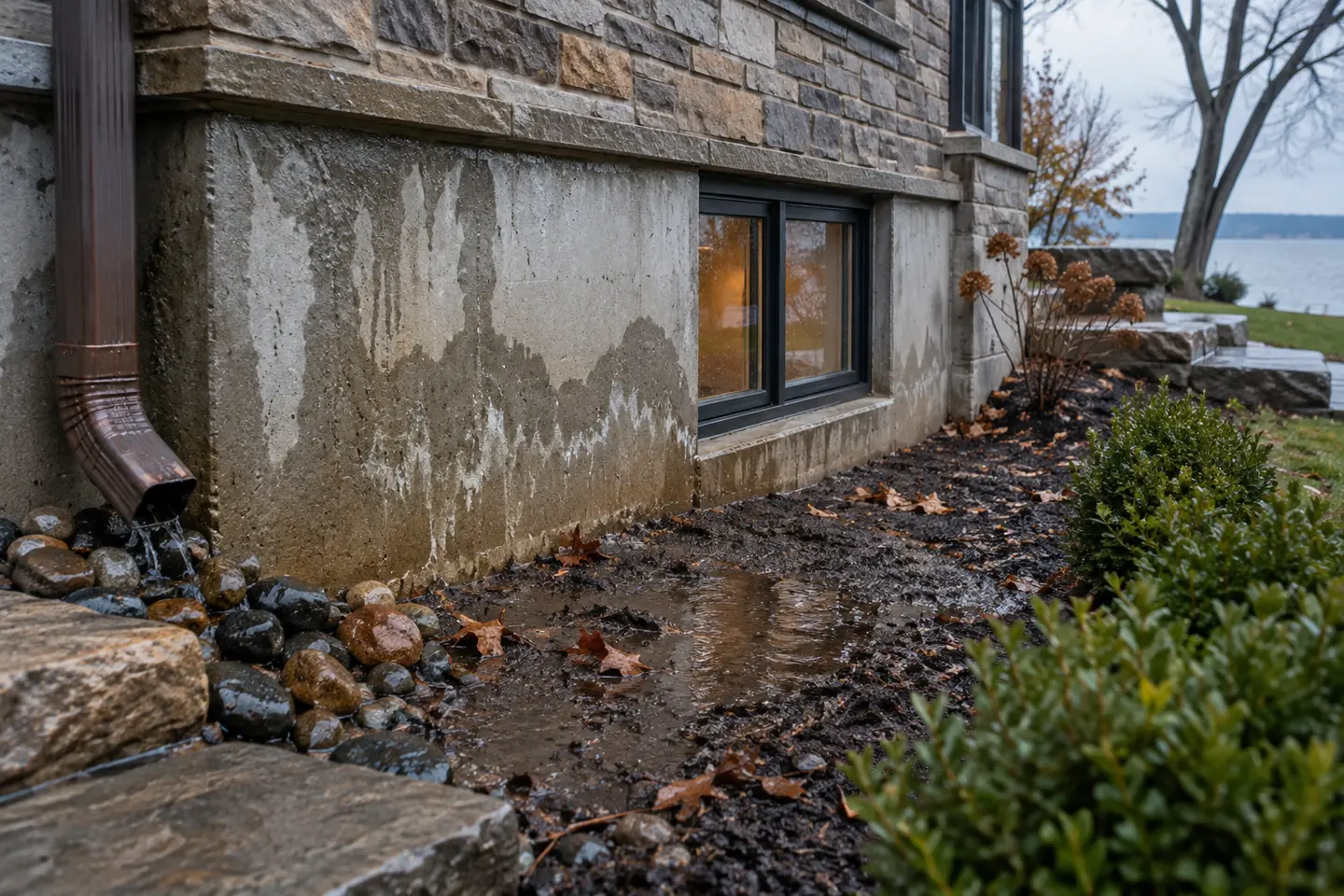 A basement foundation wall after rain showing several distinct visible wet clues without flooding