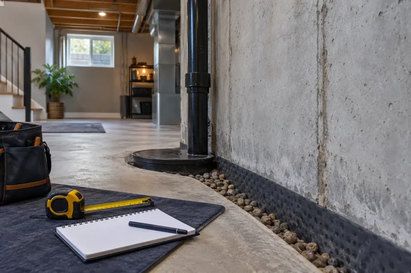 A waterproofing estimator's clean measuring setup beside an exposed basement wall, tape measure and notebook with no readable text