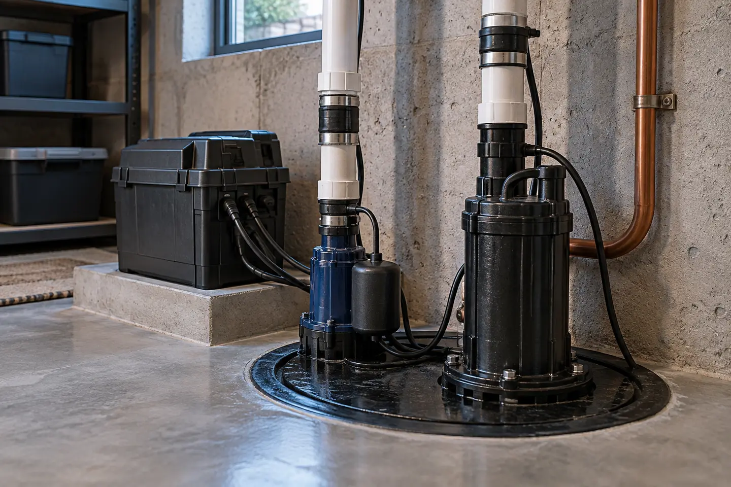 Battery backup sump pump controller and secondary pump beside a primary system, no brand labels, photographed from a closer alternate angle with different composition and visible material detail