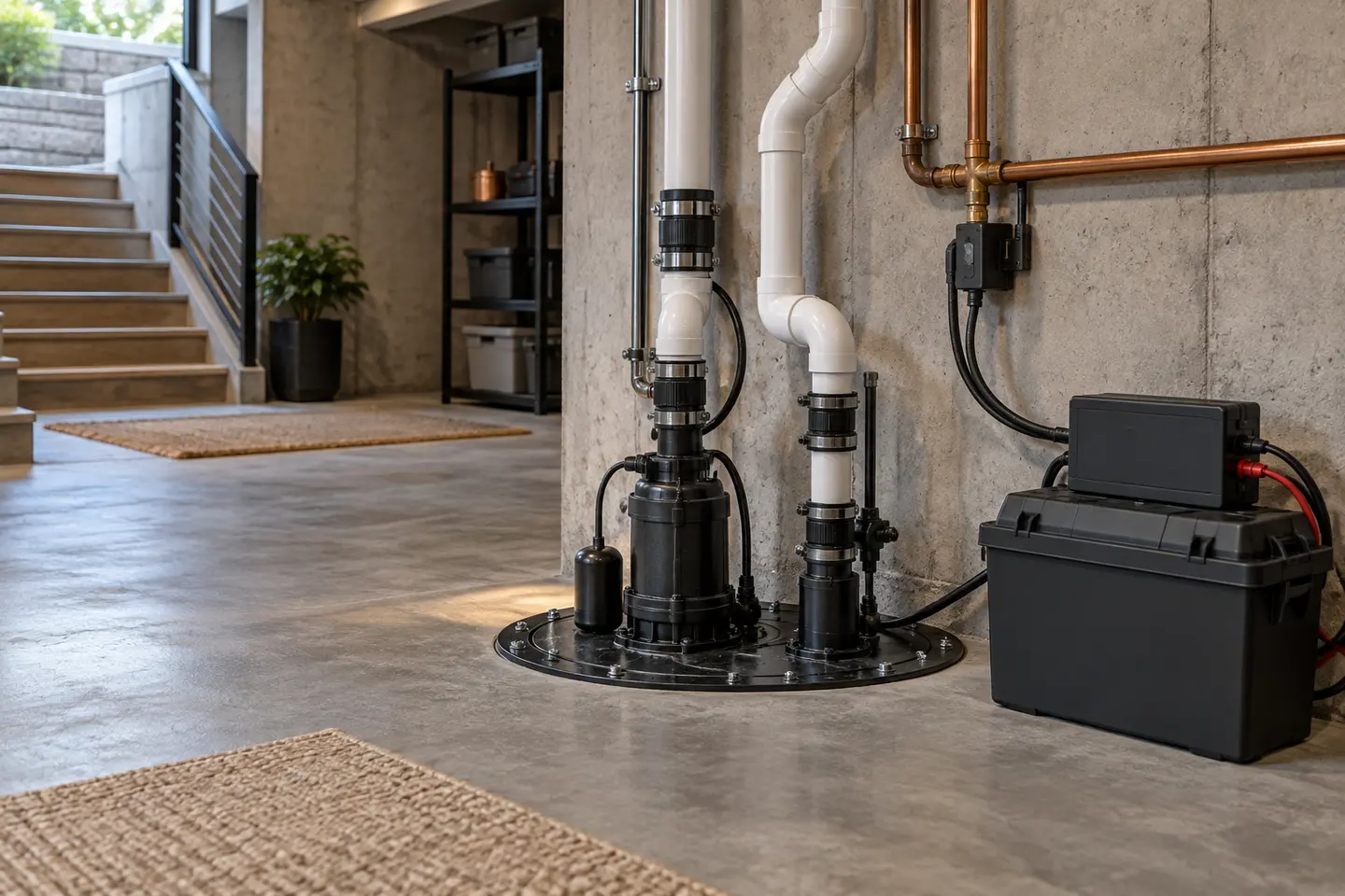 Battery backup sump pump controller and secondary pump beside a primary system, no brand labels