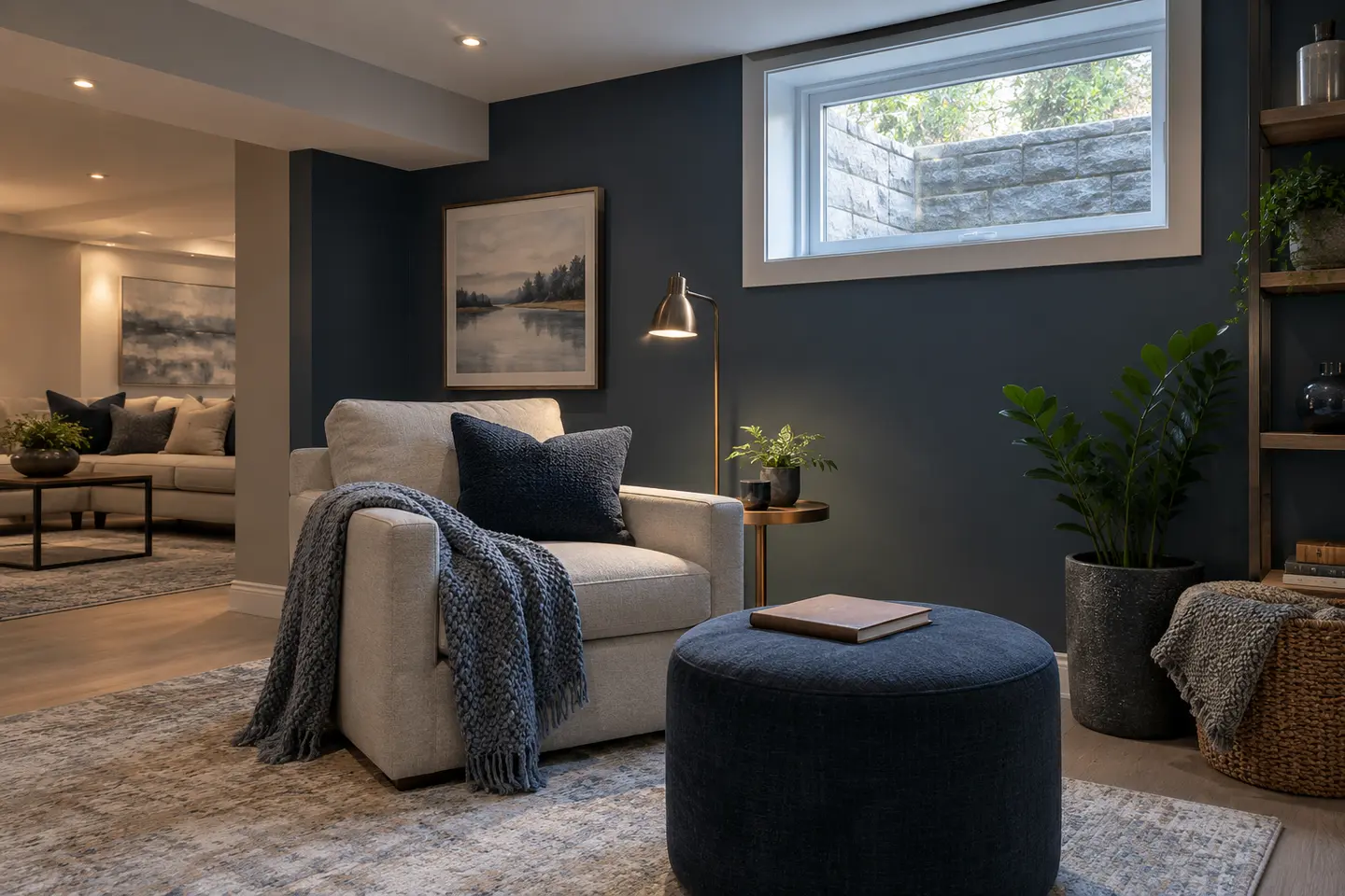 A reading corner in a dry finished basement with a closed notebook and foundation window, no readable text