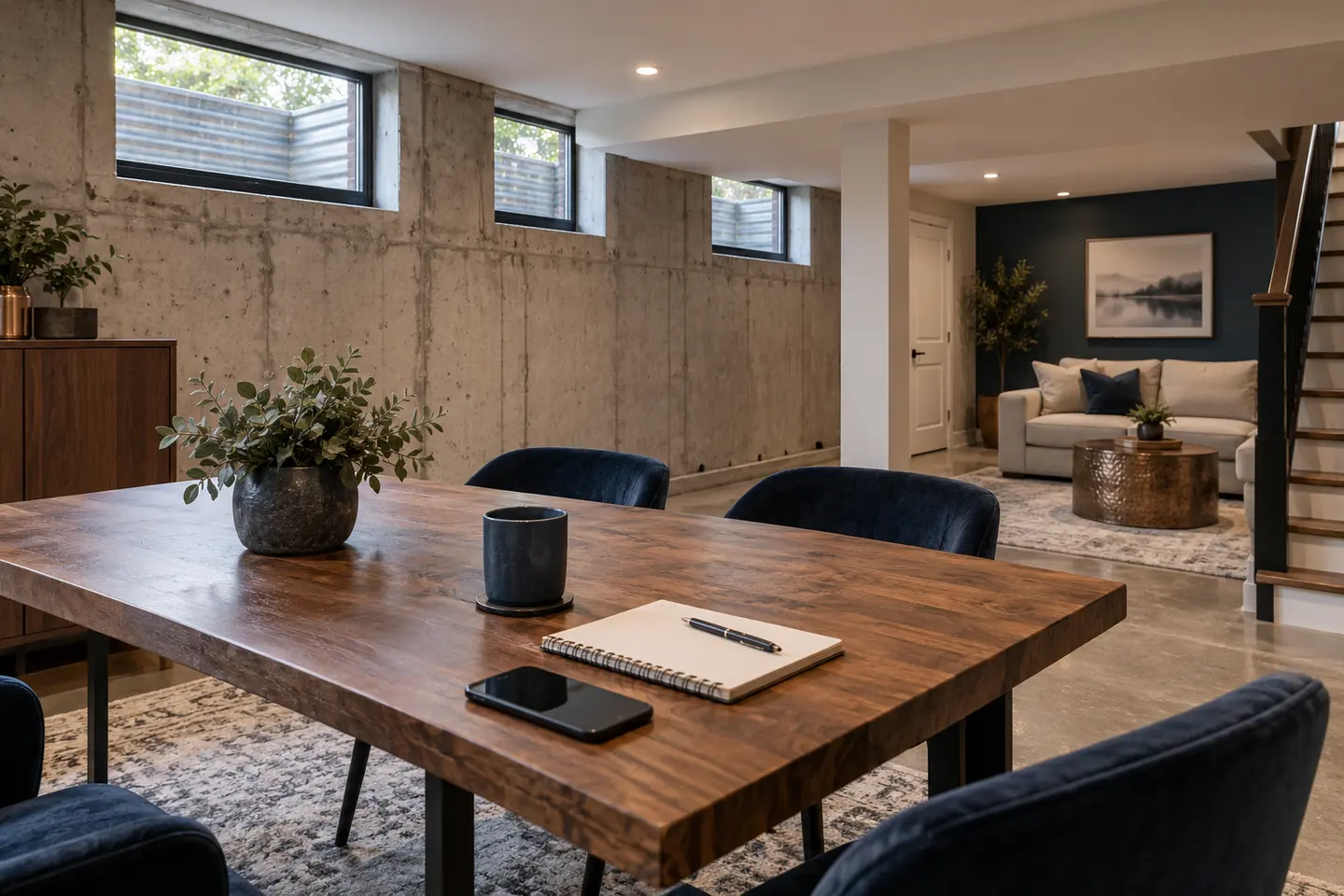 A tidy basement meeting area with a phone, blank notebook and foundation wall in the background