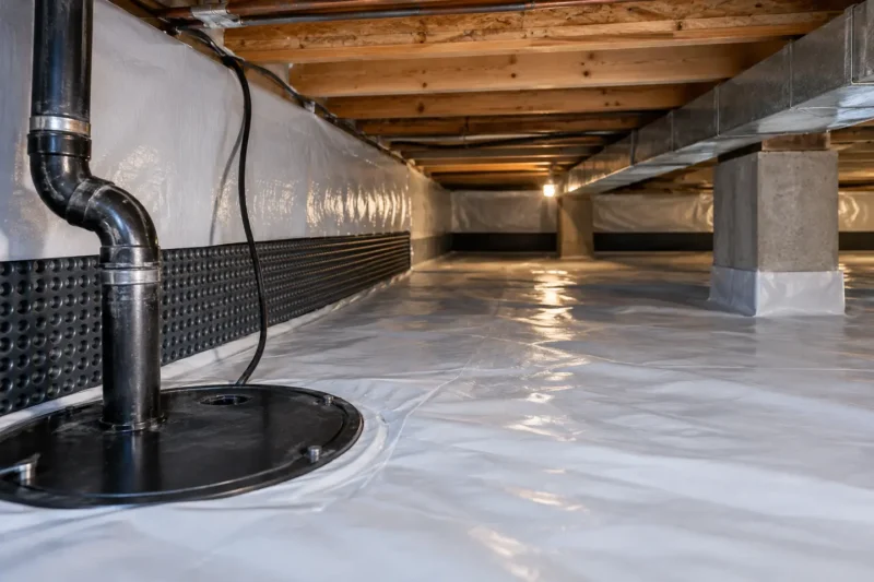 Clean low crawl space with sealed ground liner, drainage edge and service access, photographed from a closer alternate angle with different composition and visible material detail