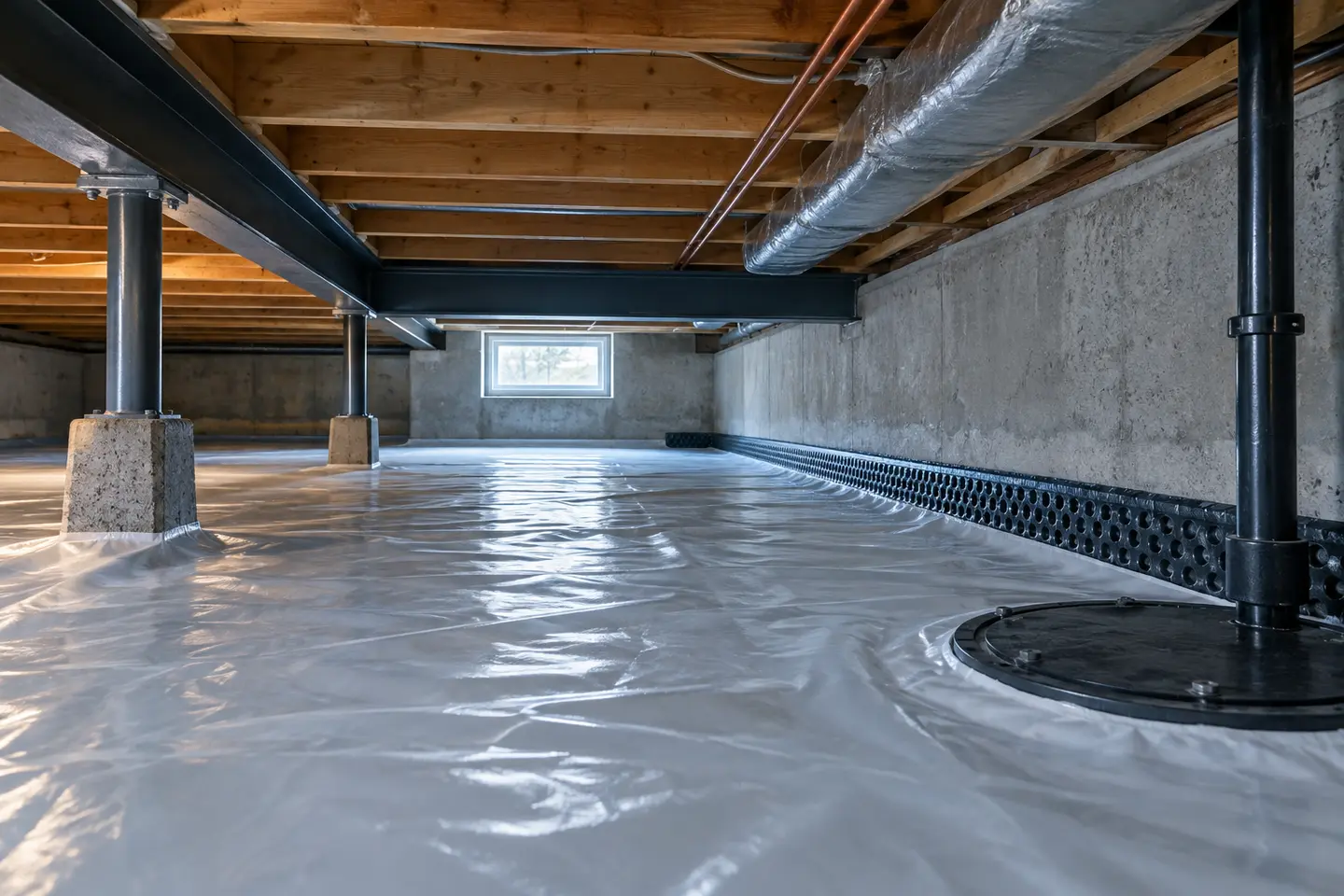 Clean low crawl space with sealed ground liner, drainage edge and service access