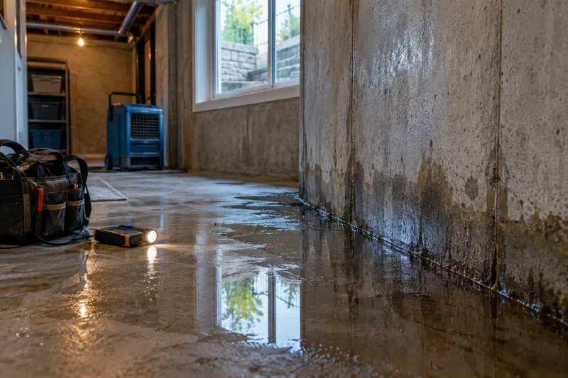 Cool basement wall with light condensation, efflorescence and a portable dehumidifier, photographed from a closer alternate angle with different composition and visible material detail