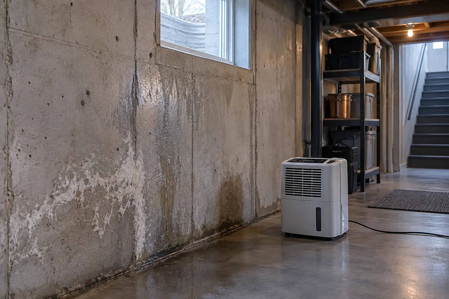 Cool basement wall with light condensation, efflorescence and a portable dehumidifier