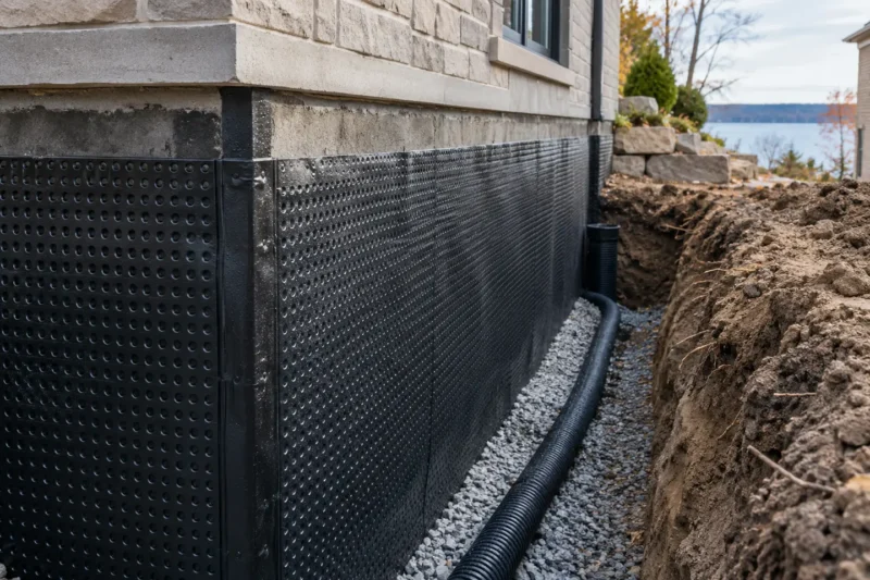 Exterior foundation excavation with dark waterproofing membrane and footing drain, photographed from a closer alternate angle with different composition and visible material detail