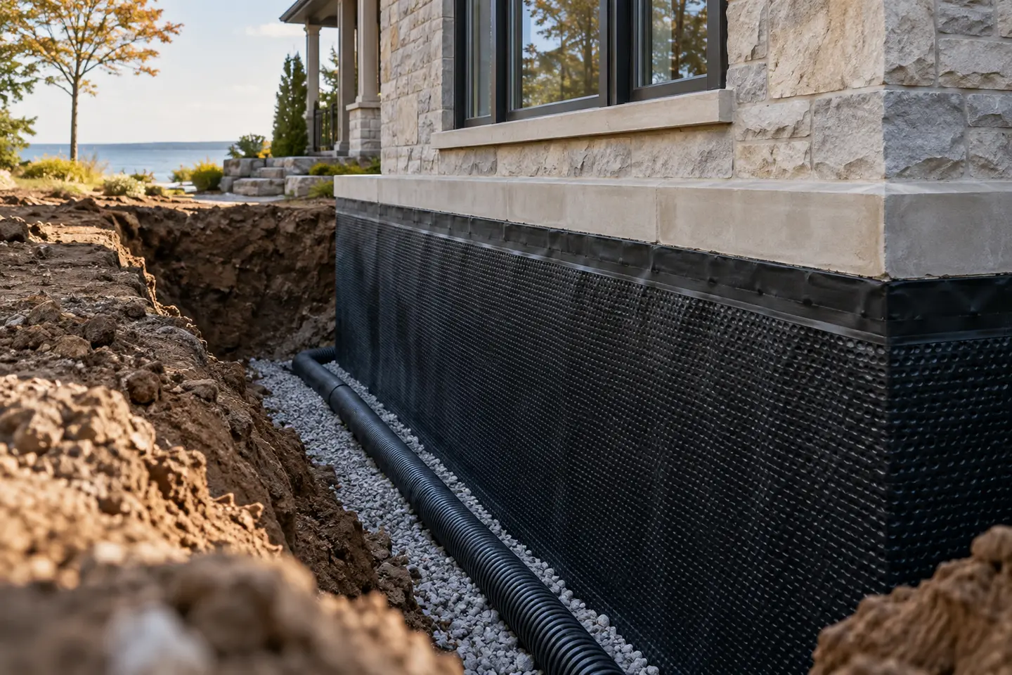 Exterior foundation excavation with dark waterproofing membrane and footing drain