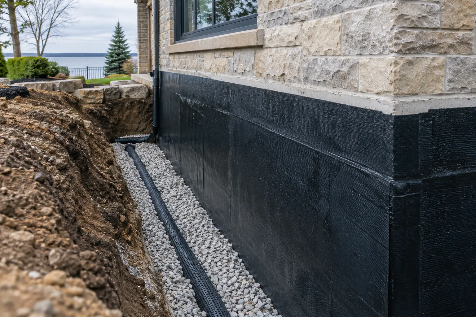 Exterior foundation wall protected with a dark waterproofing membrane above a footing drain.