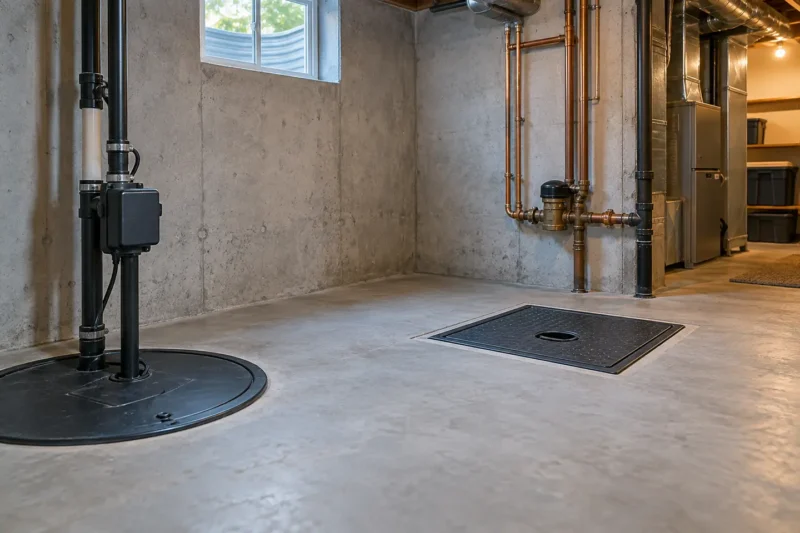 A clean dry basement mechanical area with foundation wall, window well light and sump lid visible
