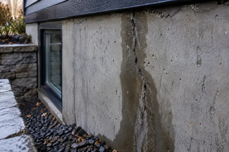 Vertical poured-concrete foundation crack with a clear damp trail after rain, photographed from a closer alternate angle with different composition and visible material detail