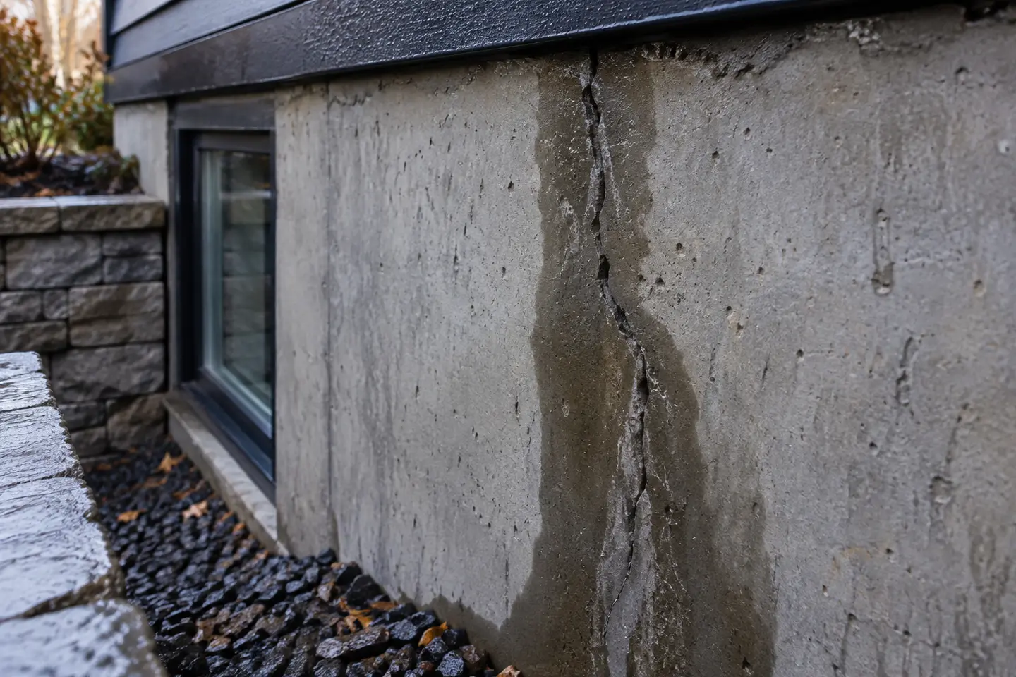 Vertical poured-concrete foundation crack with a clear damp trail after rain, photographed from a closer alternate angle with different composition and visible material detail