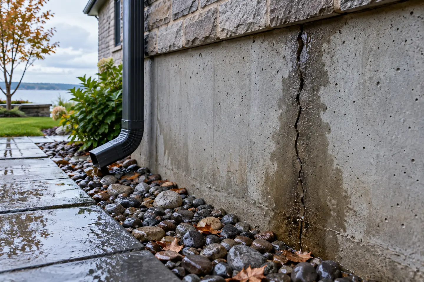 Vertical poured-concrete foundation crack with a clear damp trail after rain