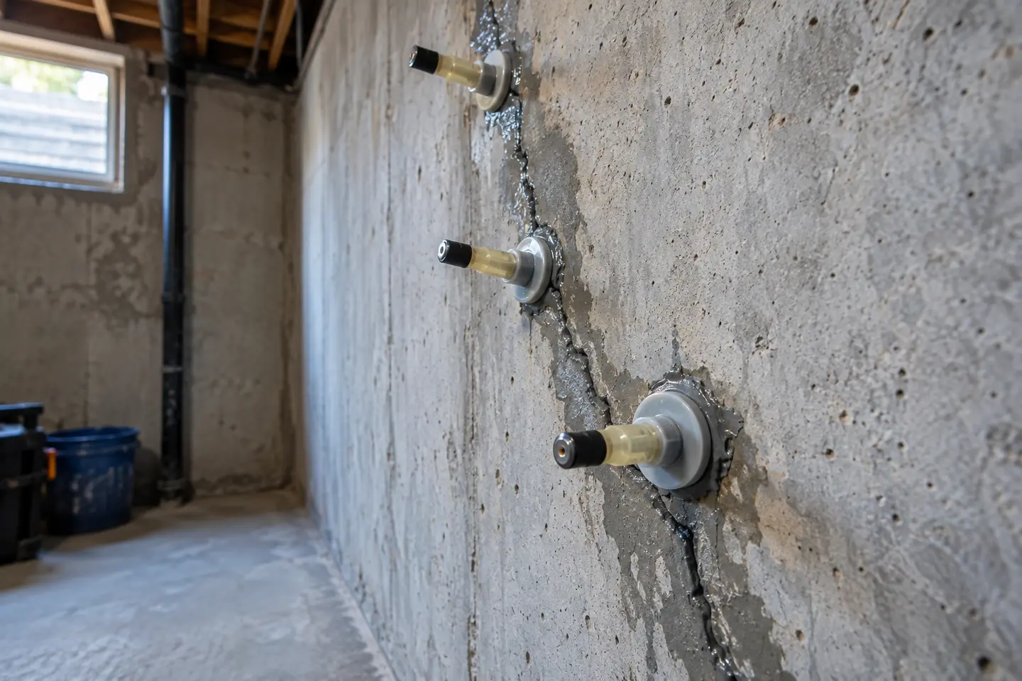 Foundation crack injection preparation on a poured-concrete wall with clean ports, photographed from a closer alternate angle with different composition and visible material detail