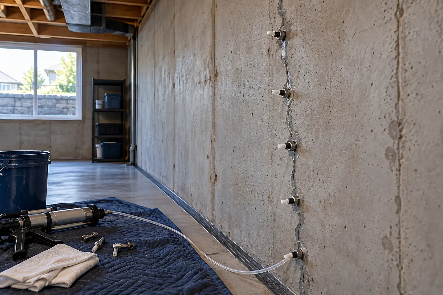 Foundation crack injection preparation on a poured-concrete wall with clean ports