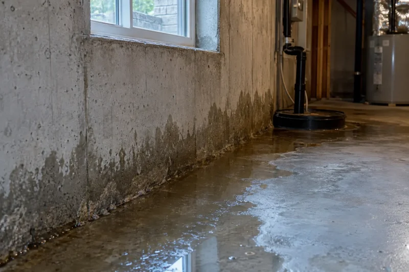 Interior perimeter drainage channel installed along a foundation wall with washed stone, photographed from a closer alternate angle with different composition and visible material detail