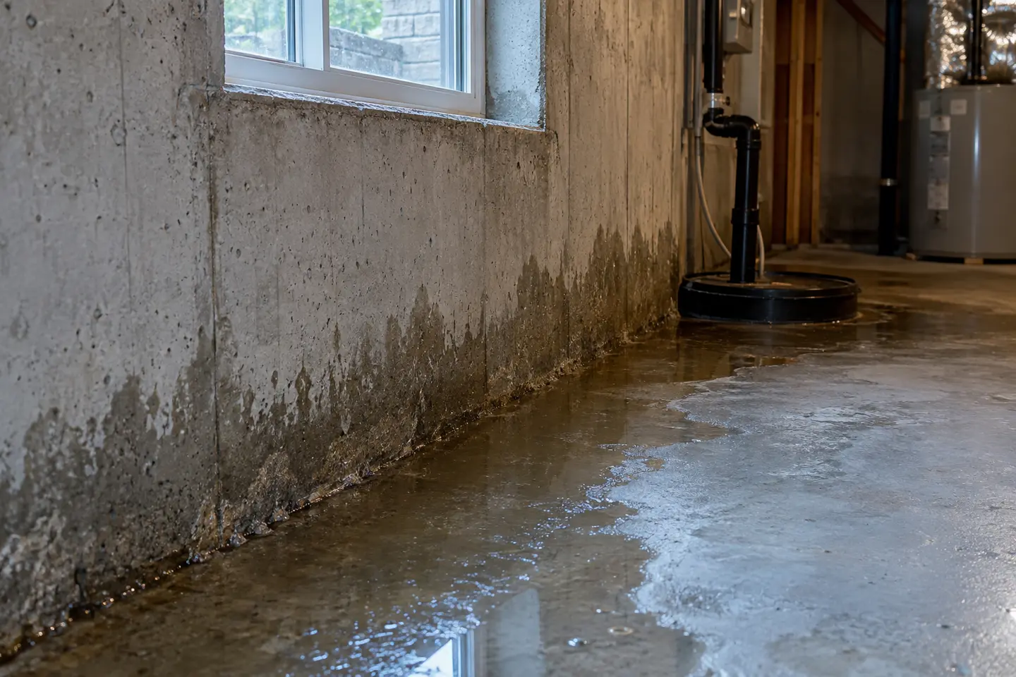 Interior perimeter drainage channel installed along a foundation wall with washed stone, photographed from a closer alternate angle with different composition and visible material detail