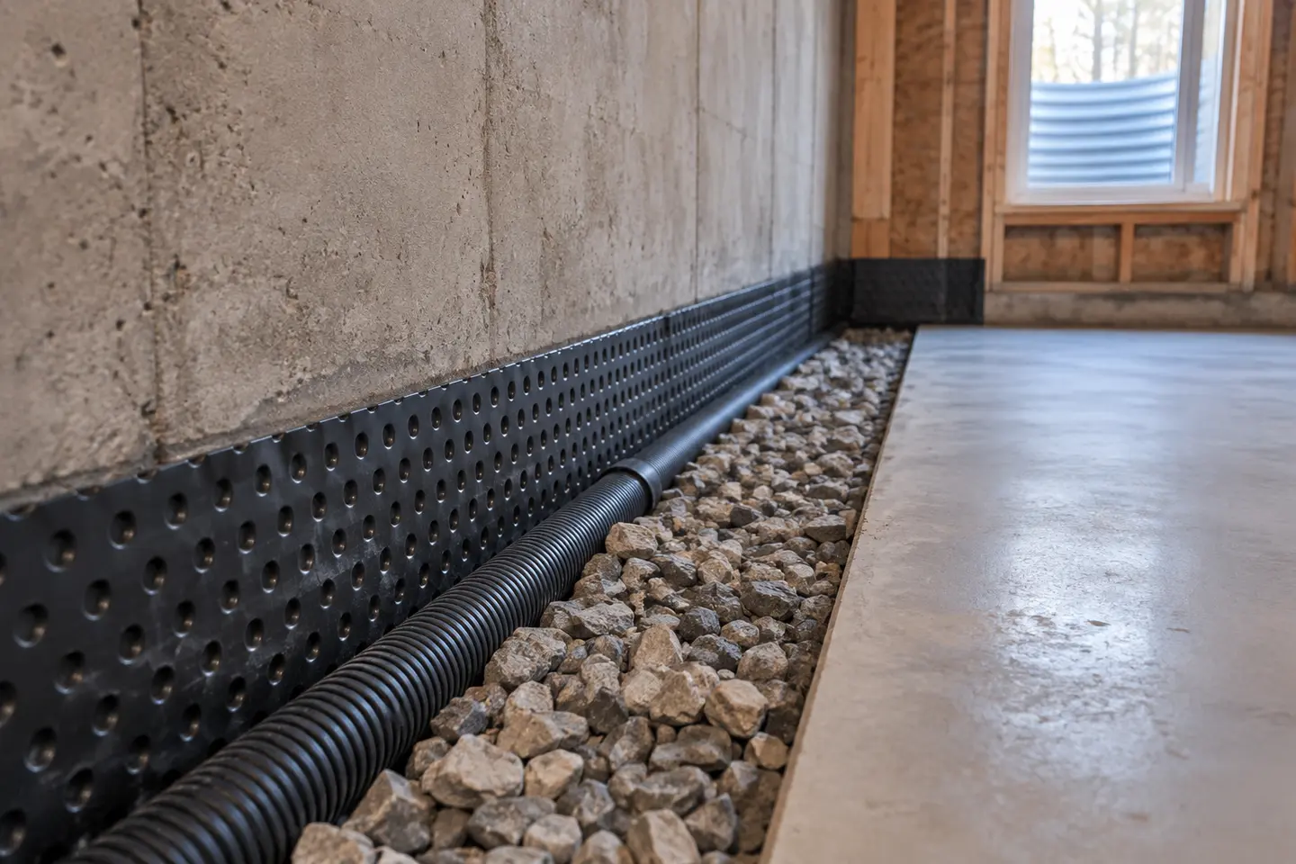 Interior perimeter drainage channel installed along a foundation wall with washed stone