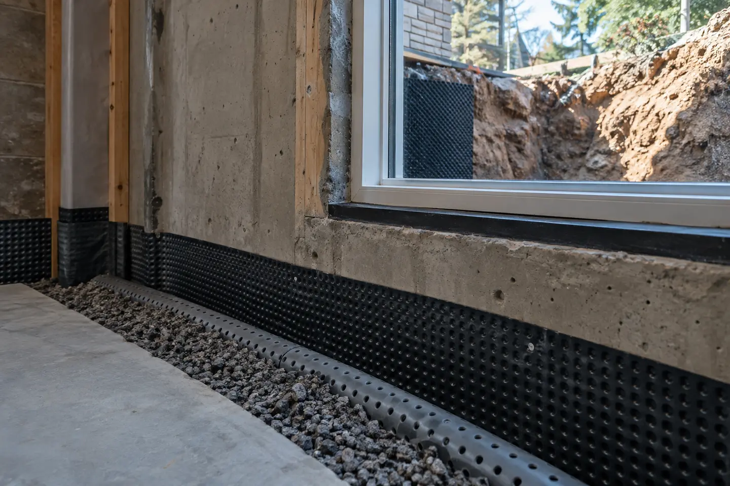 Interior drainage work beside a basement window with exterior excavation visible outside, one continuous scene, photographed from a closer alternate angle with different composition and visible material detail