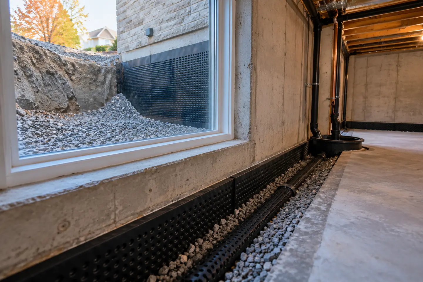 Interior drainage work beside a basement window with exterior excavation visible outside, one continuous scene
