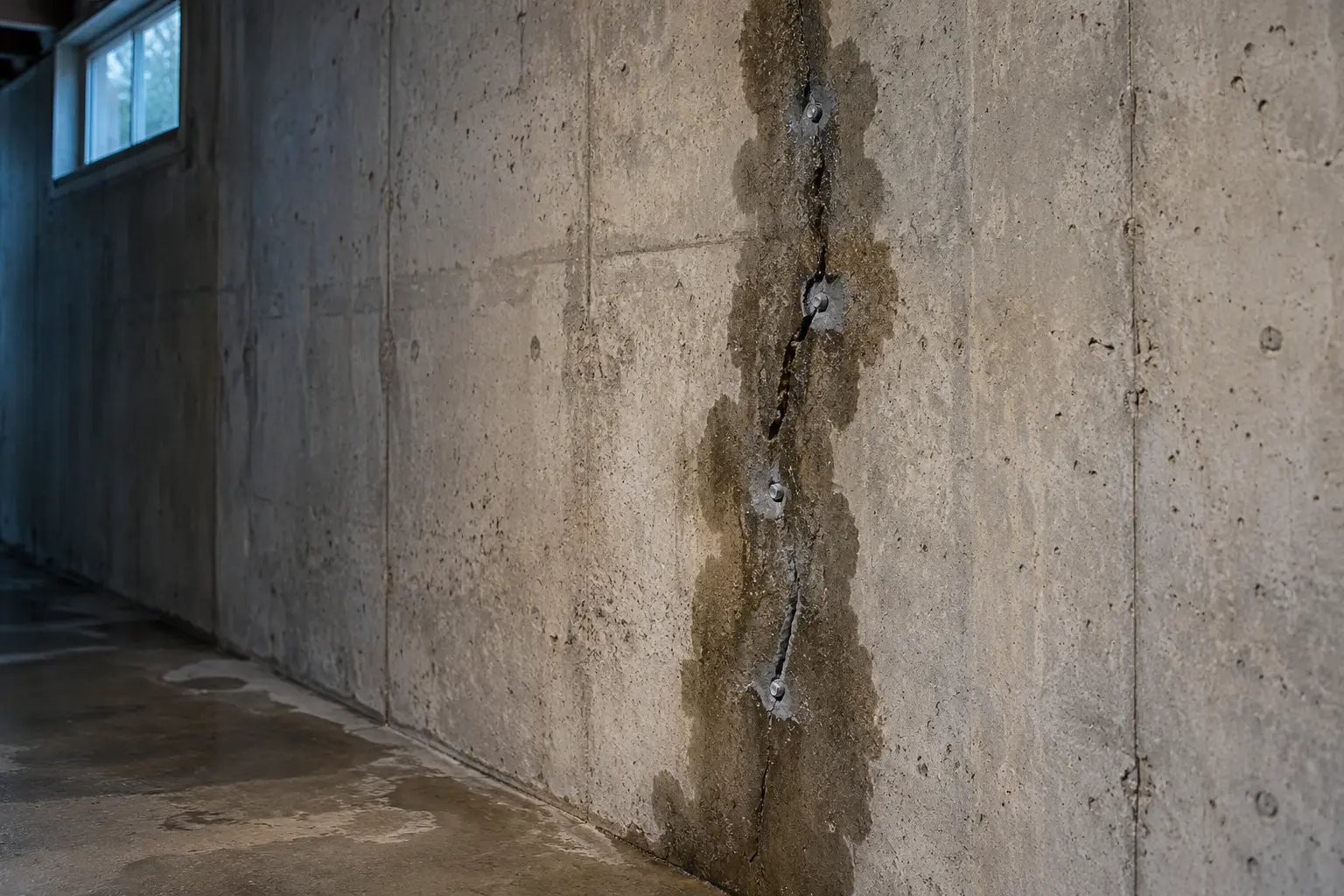 Vertical leaking crack in a poured-concrete basement wall prepared for repair.
