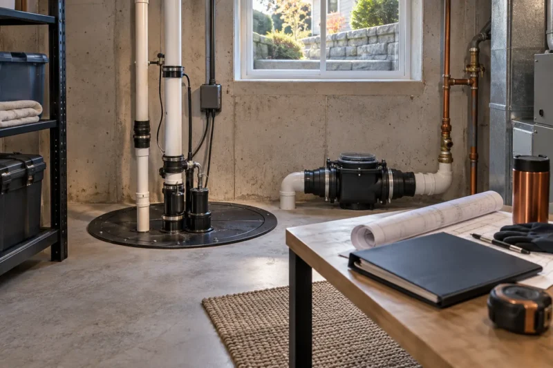 A neat sump and backwater-valve planning scene in an Oakville utility room with permit folder turned away from camera