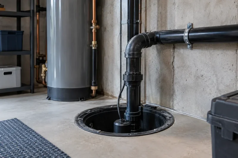 Foundation drainage pipe and sump connection in a modern Oakville basement utility room, photographed from a closer alternate angle with different composition and visible material detail