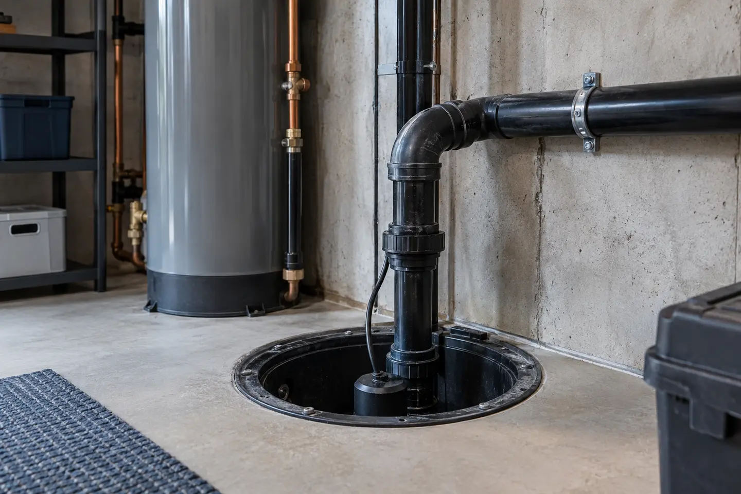 Foundation drainage pipe and sump connection in a modern Oakville basement utility room, photographed from a closer alternate angle with different composition and visible material detail
