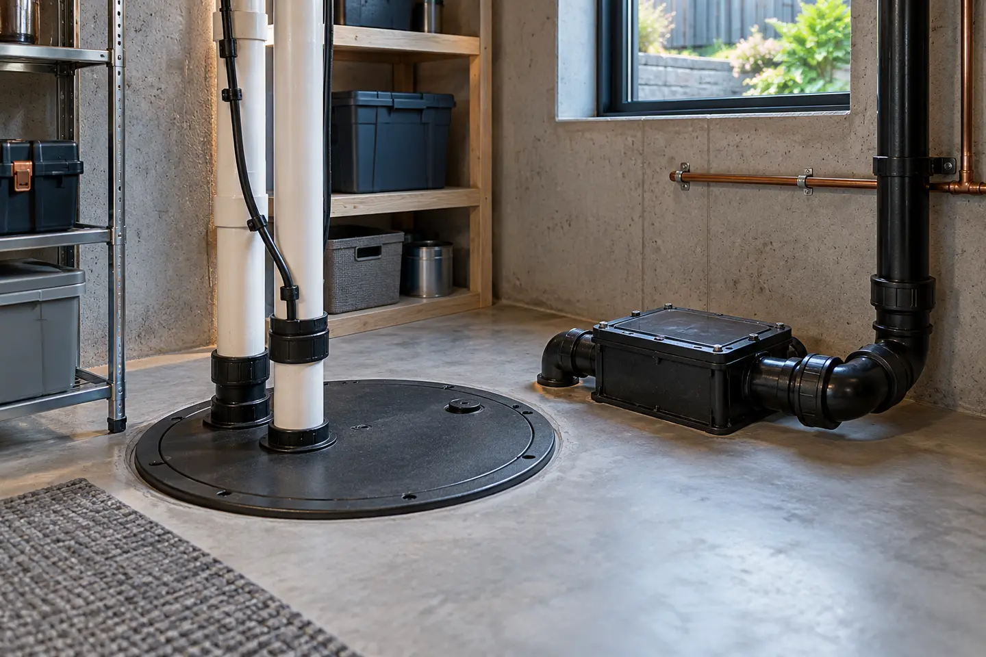 Foundation drainage pipe and sump connection in a modern Oakville basement utility room