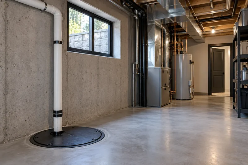 A modern Oakville basement utility room with a covered sump, visible foundation-drain pipe and clean concrete floor