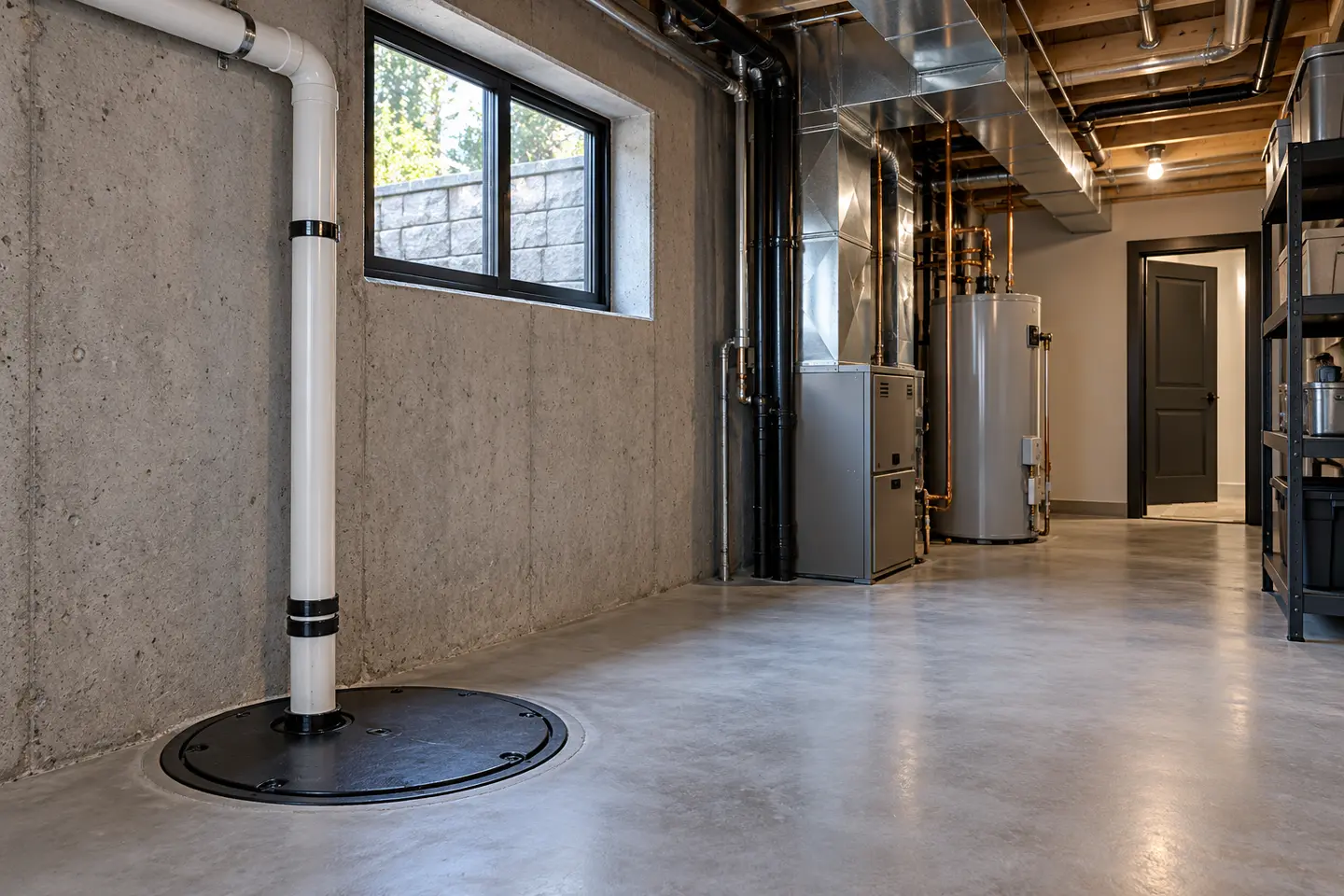 A modern Oakville basement utility room with a covered sump, visible foundation-drain pipe and clean concrete floor