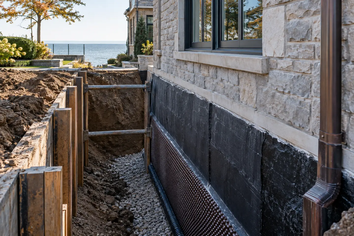 An exterior foundation excavation beside an Ontario home with safe shoring details and no workers