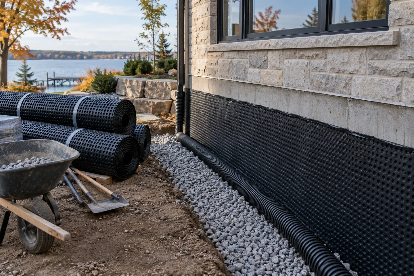 An organized residential waterproofing work area showing membrane rolls, drainage stone and clean tools without brand marks