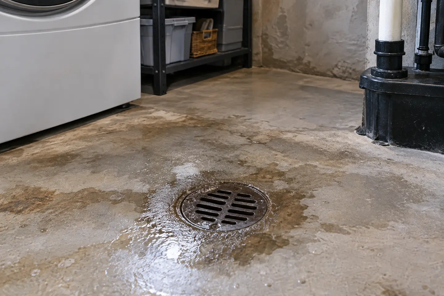 Basement floor drain with recent backup residue in an unfinished laundry area, no sewage shown, photographed from a closer alternate angle with different composition and visible material detail