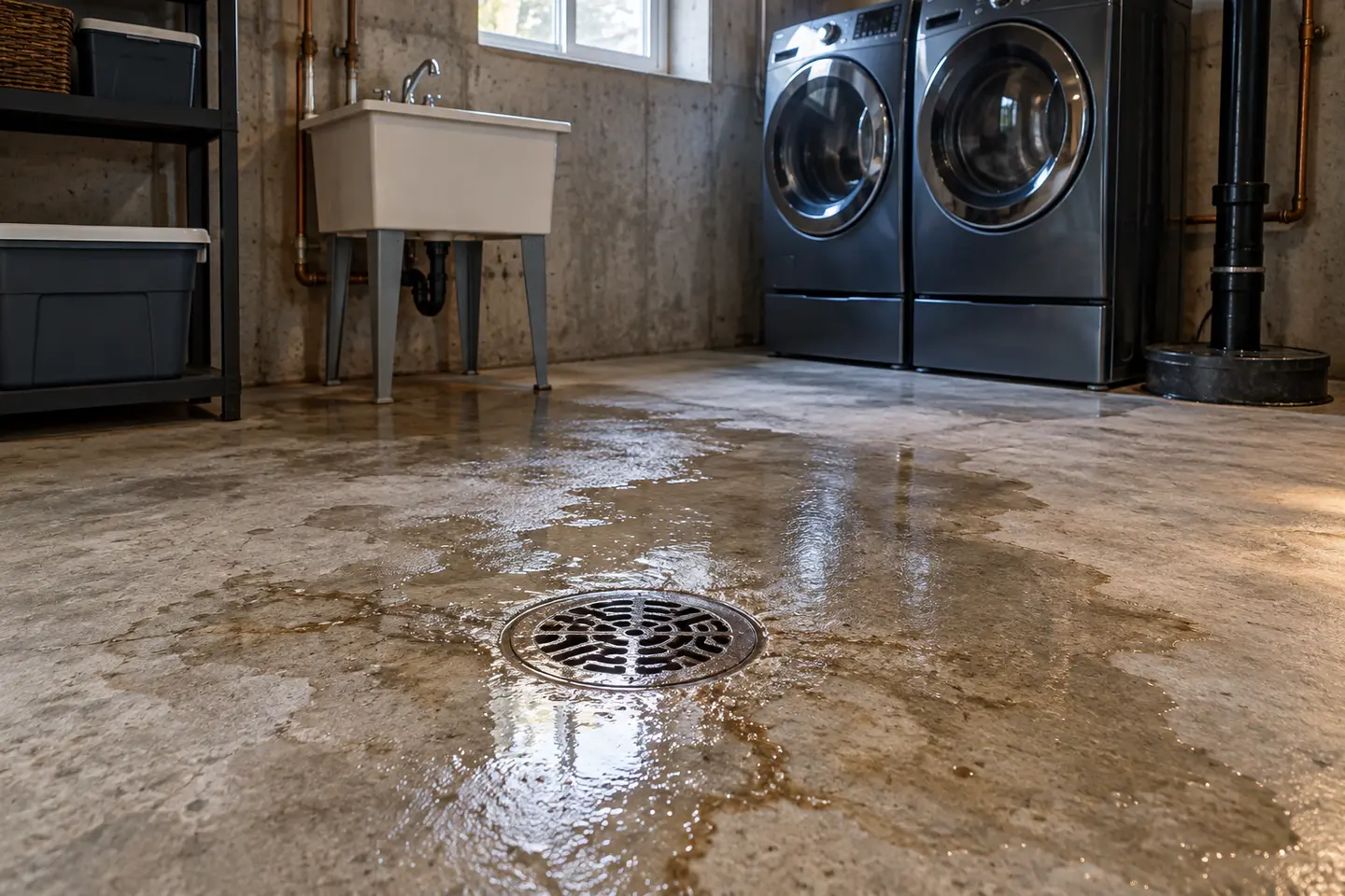 Basement floor drain with recent backup residue in an unfinished laundry area, no sewage shown