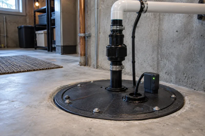 New covered sump pit installation with pump, check valve, discharge and alarm, photographed from a closer alternate angle with different composition and visible material detail