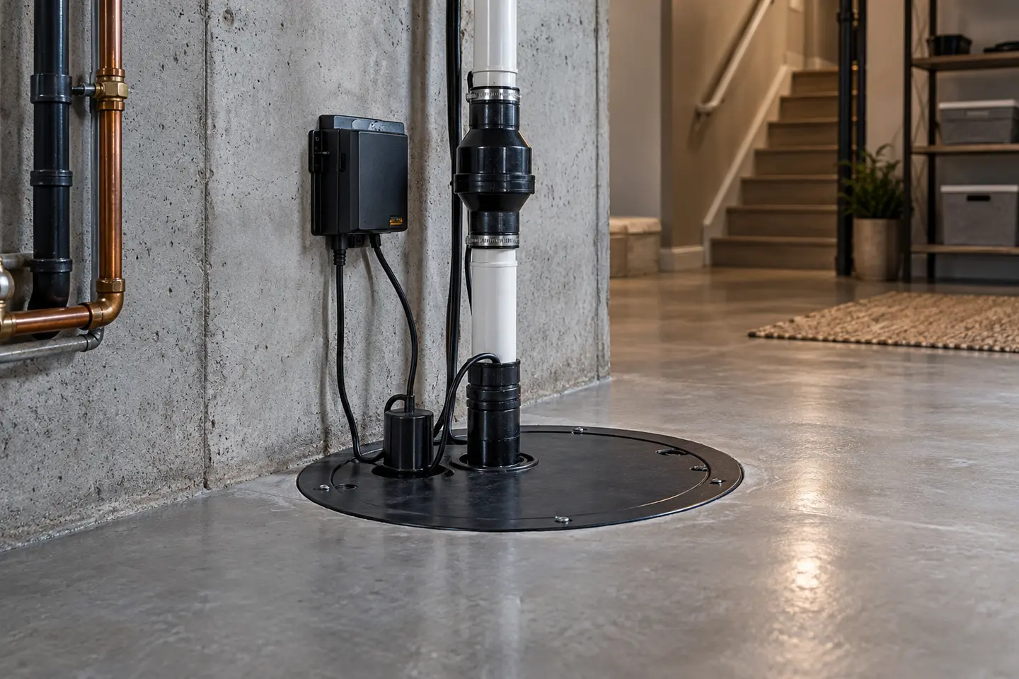 New covered sump pit installation with pump, check valve, discharge and alarm