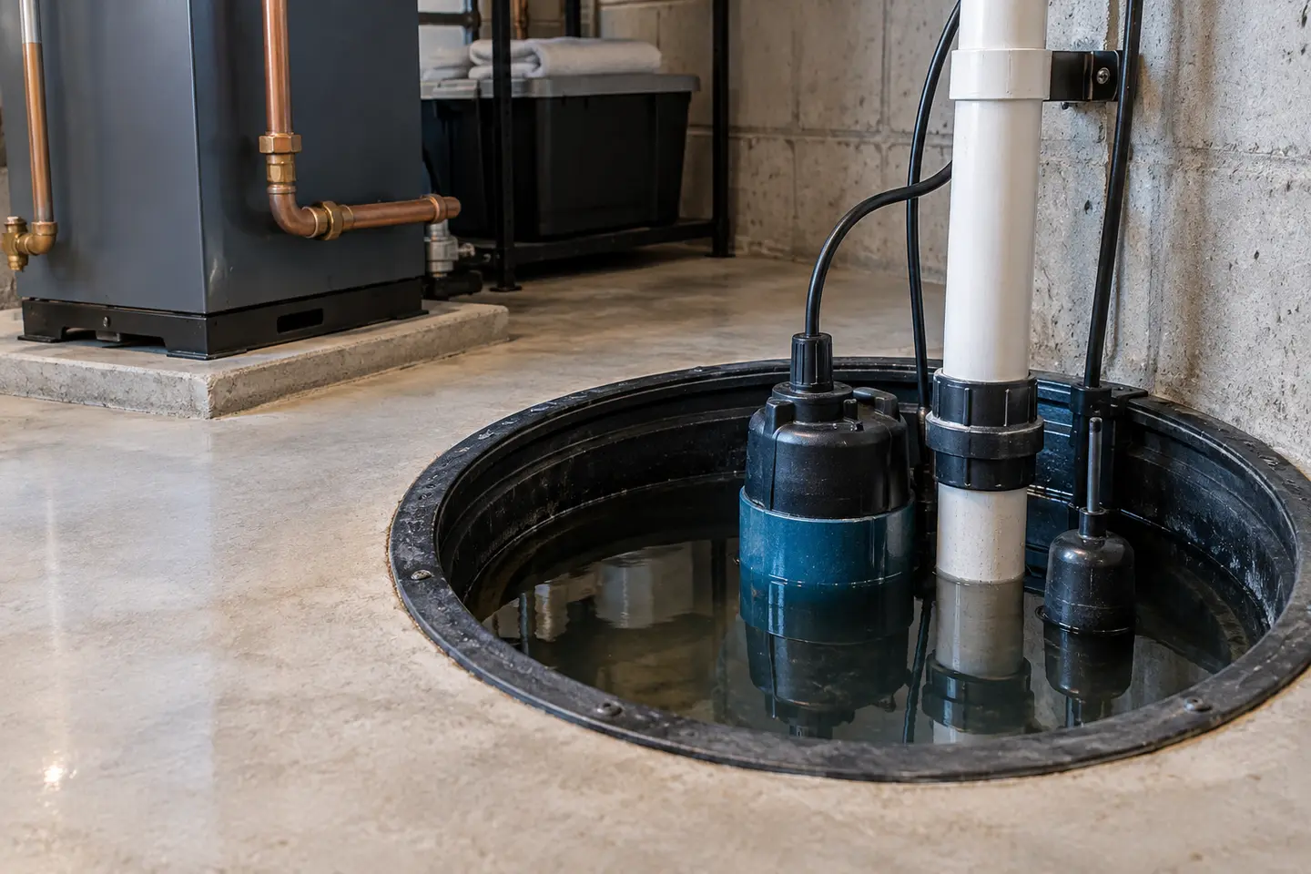 Sump pit with high water level and a silent primary pump, safe clean utility room, photographed from a closer alternate angle with different composition and visible material detail
