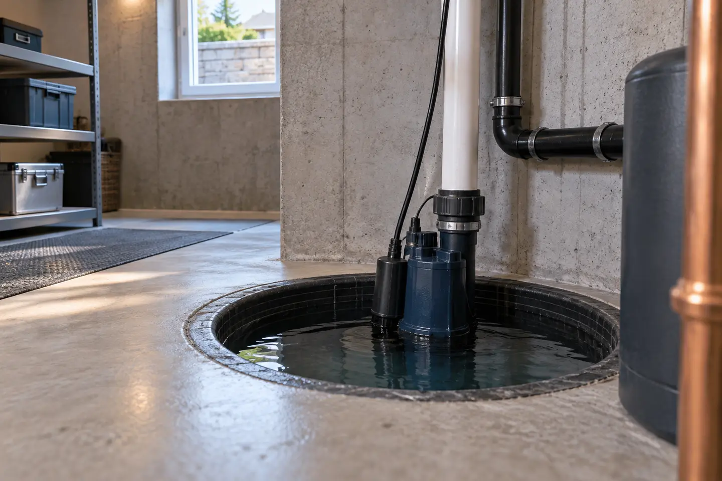 Sump pit with high water level and a silent primary pump, safe clean utility room